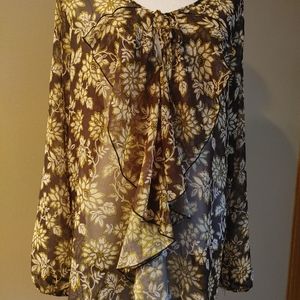 Beautiful long sleeve shear blouse with ruffles down the front. Ties at the neck